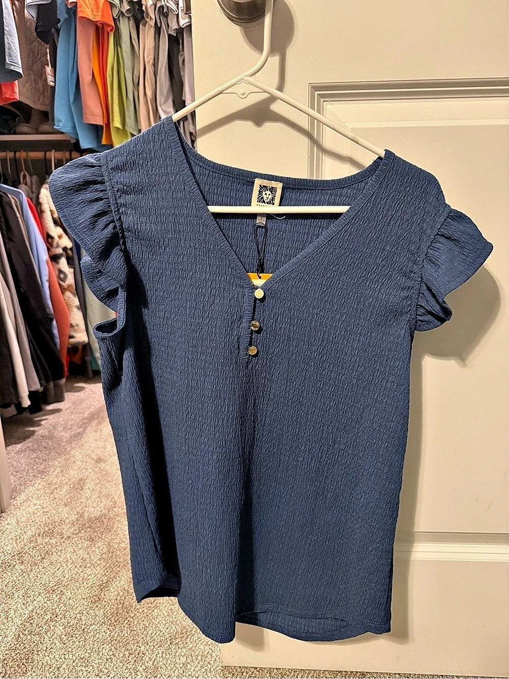 Anne Klein Knit Short Sleeve V Neck With Button Front Top Button Front Top Blue